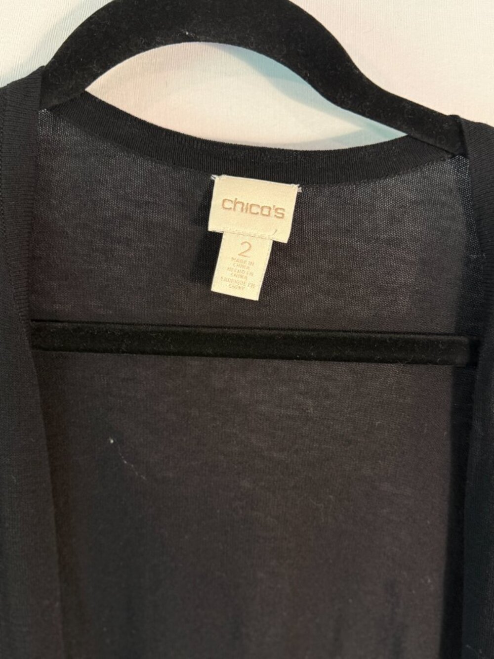 Chico's Black Open Front Cardigan Longline 3/4 Sleeve Lightweight Sz 2 L - Picture 2 of 3